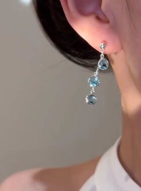 森系超仙蓝色流苏耳环精致轻奢气质绝美耳坠清冷感无耳洞耳夹耳饰