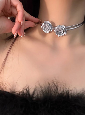 玫瑰花朵皮革双层项链