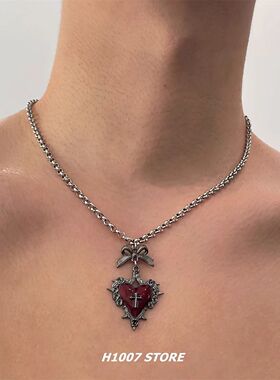暗黑朋克红黑爱心蝴蝶结十字架男项链女小众感ins风复古锁骨链y2k