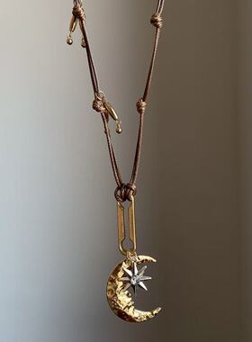 “日月同辉”中古vintage月牙芒星蜡绳项链可调节百搭秋冬毛衣链