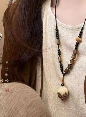 新中式复古民族风抽拉绳长款项链女不规则吊坠百搭气质毛衣链配饰