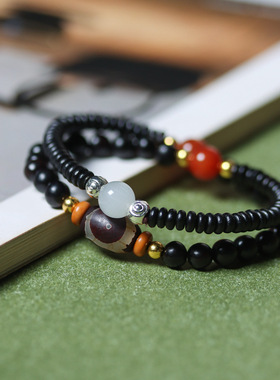黑檀木DIY双圈手链串核雕天珠金银珠玉石首饰品厂家男女士佛念珠