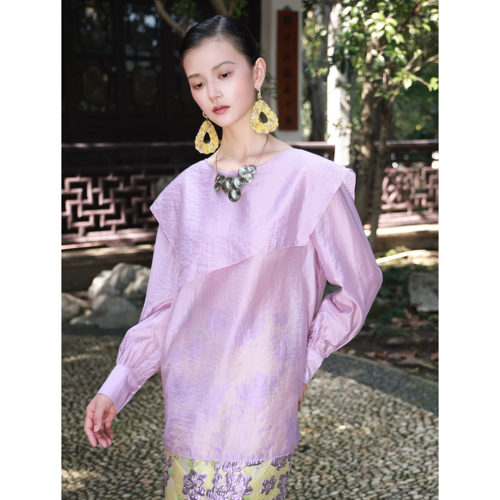 小鹿弥雅《丁香》原创简约明媚天丝不规则披肩领长袖衬衫春秋 - 图2