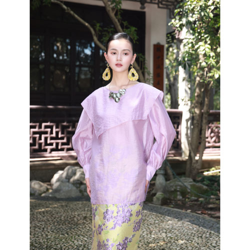 小鹿弥雅《丁香》原创简约明媚天丝不规则披肩领长袖衬衫春秋 - 图0