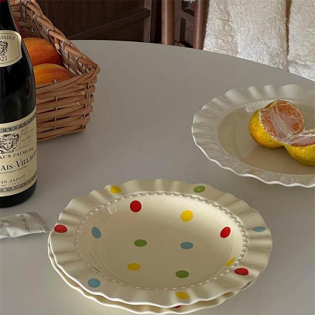 Ins style milky yellow color polka dot ceramic lace plate fruit pasta plate dormitory household underglaze colored tableware