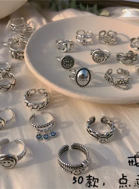 笑脸戒指冷淡风时尚指环口复古朋克泰银个性女ins韩国潮多层