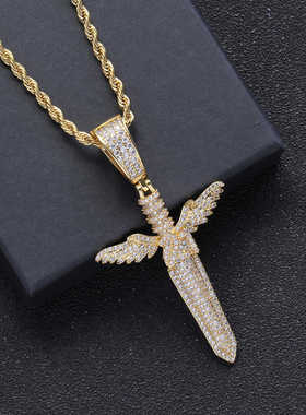 2024中国新说唱新秀同款欧美项链21savage天使之剑翅膀满钻男吊坠