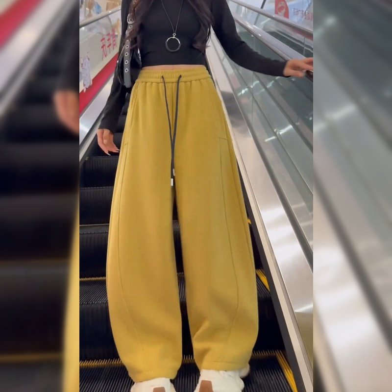 黄色加绒阔腿卫裤女春秋季2026新款抽绳休闲运动裤宽松香蕉弯刀裤,淘宝优惠券,粉丝福利购,淘宝优惠卷