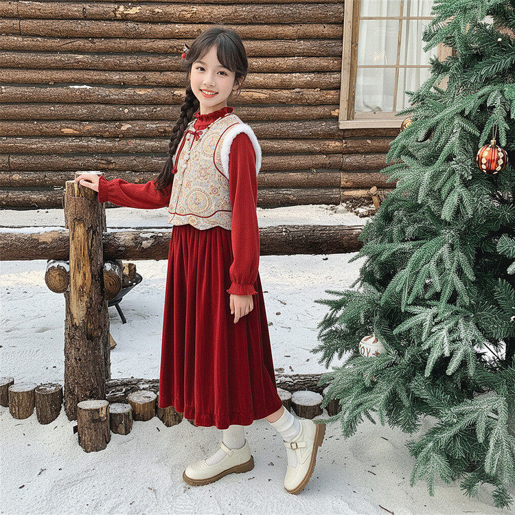 红色连衣裙秋冬中大童新中式拜年服加绒加厚本命年汉服马甲三件套,淘宝优惠券,粉丝福利购,淘宝优惠卷
