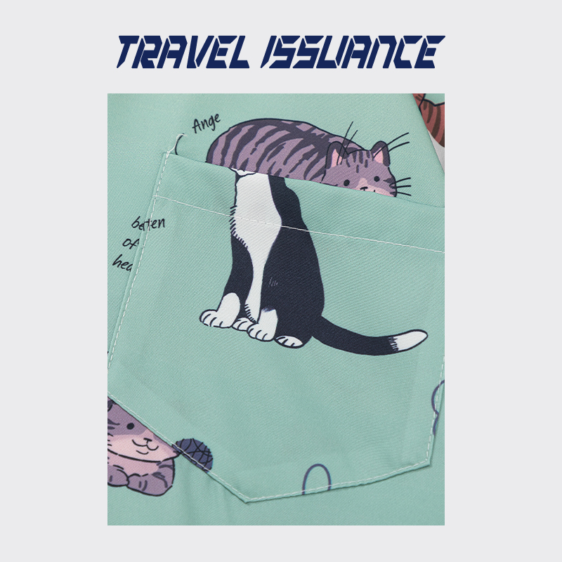 TRAVEL ISSUANCE 猫咪日常 日系趣味卡通猫咪短袖衬衫男女宽松bf - 图2