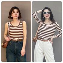 Cotton Wool Knit Cardiovert Woman 2023 Spring and autumn Skinder outside wearing a round collar internal lap jacket striped undershirt