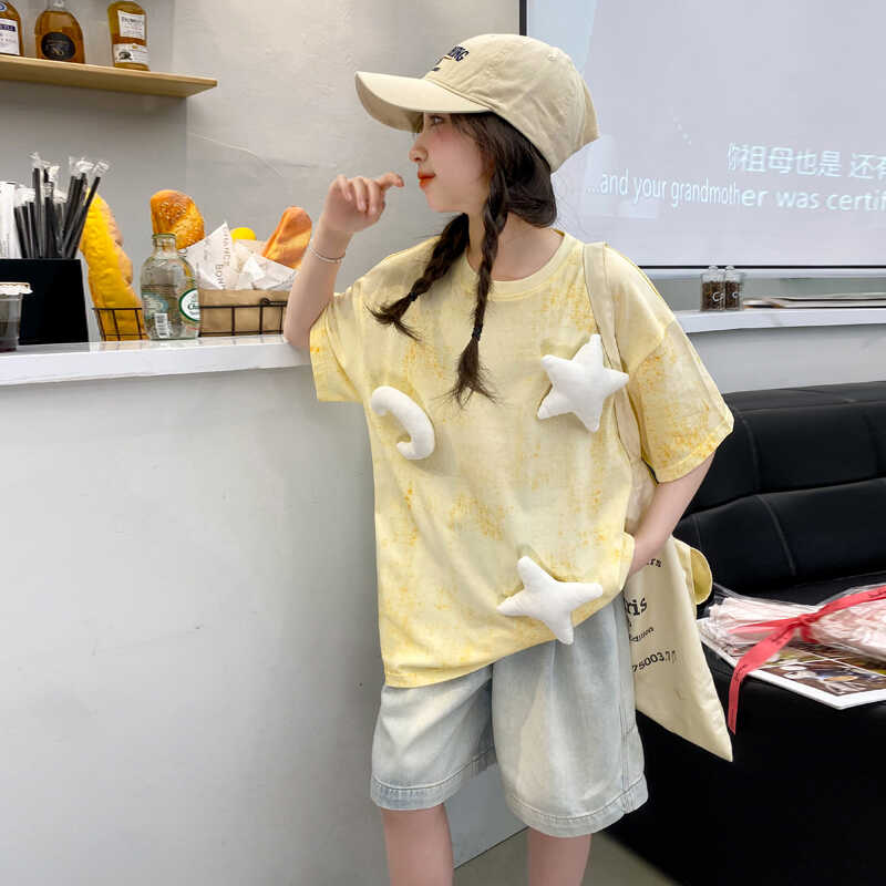 会发光星星女童夏季短袖套装2024新款儿童韩版全棉T恤大童两件套