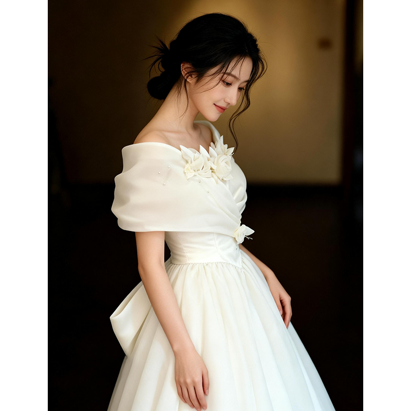 法式复古风一字肩轻婚纱白玫瑰重工气质感主纱新娘订婚结婚礼服裙,淘宝优惠券,粉丝福利购,淘宝优惠卷