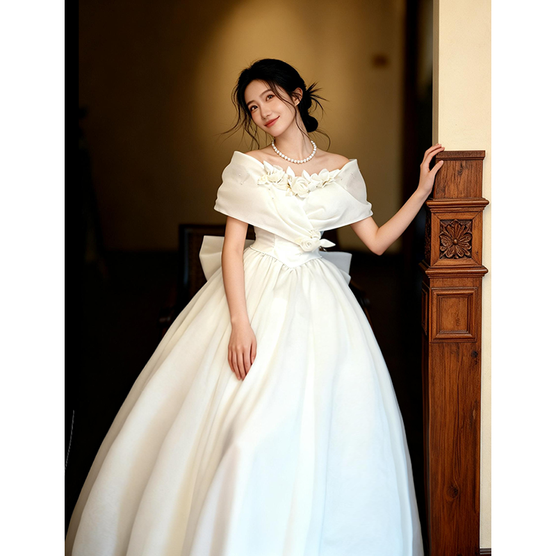 法式复古风一字肩轻婚纱白玫瑰重工气质感主纱新娘订婚结婚礼服裙,淘宝优惠券,粉丝福利购,淘宝优惠卷