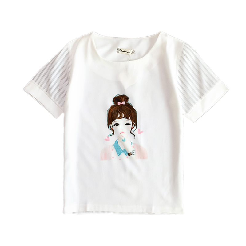 【特价】夏季大码女装韩版宽松字母圆领网纱短袖雪纺衫T恤女上衣