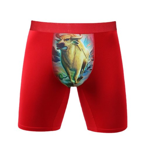 本命年男士内裤防磨腿纯棉平角裤结婚大红生肖红色加长运动四角裤 - 图3