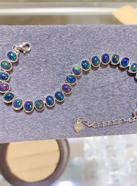 天然黑欧泊手链，925银镀白金玫瑰金镶嵌4X6mm情人节礼物