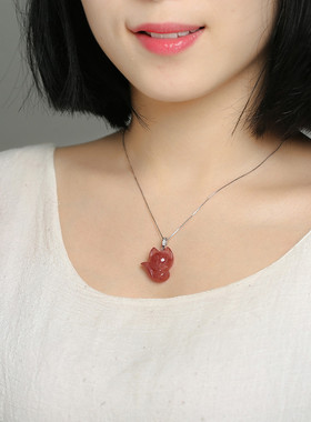 招桃花天然草莓晶狐狸吊坠项链女
