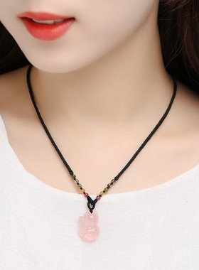 招桃花转运粉水晶狐狸吊坠项链女