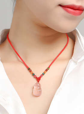 天然粉晶狐狸吊坠趴趴九尾狐项链