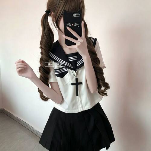 三件套JK制服穿搭正统白三本中间水手服搭配同黑百褶裙软妹套装 - 图2