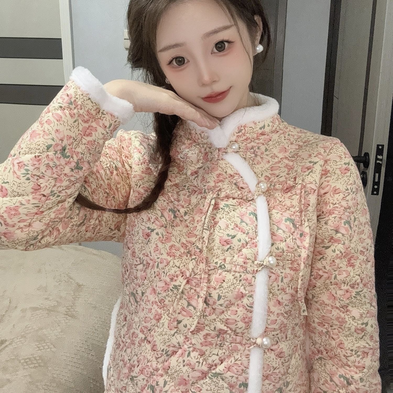 新中式2024女士流行小花棉袄加绒加厚碎花减龄舒适棉衣棉服外套潮,淘宝优惠券,粉丝福利购,淘宝优惠卷