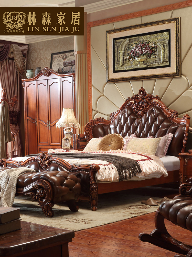 欧式全实木床高档主卧室双人皮艺大床1.8米奢华复古美式真皮床