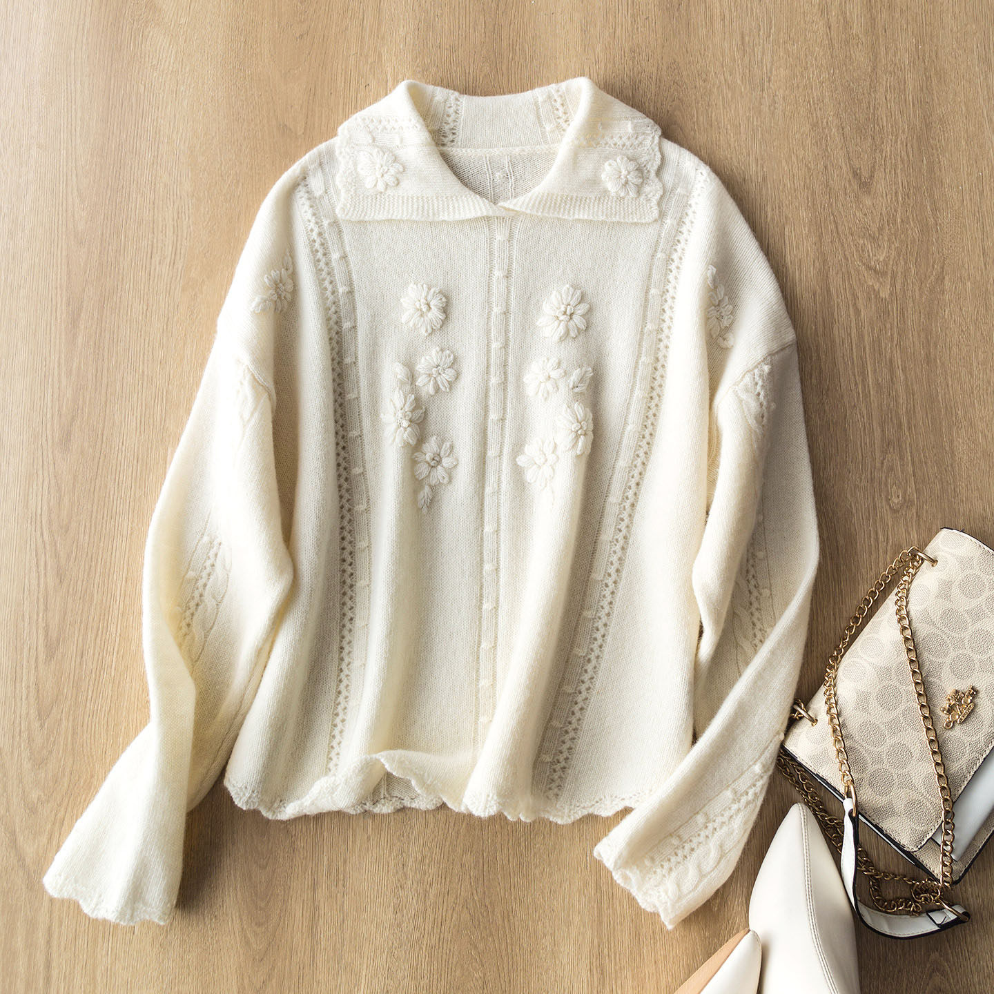 法式甜心~软糯羊毛手工立体刺绣花朵针织衫减龄温柔感翻领毛衣女,淘宝优惠券,粉丝福利购,淘宝优惠卷