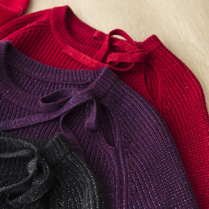 优雅气质全羊毛夹亮丝暗闪露锁骨领口蝴蝶结系带设计感针织衫毛衣 - 图0