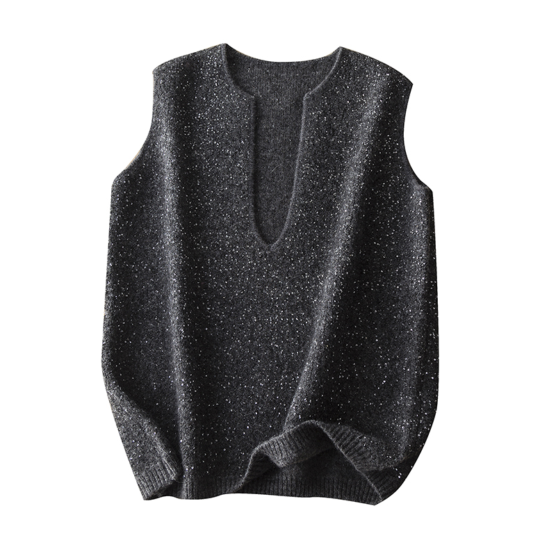 超好看法式气质满天星亮片大V领马海毛羊毛针织马甲宽松叠穿背心 - 图3