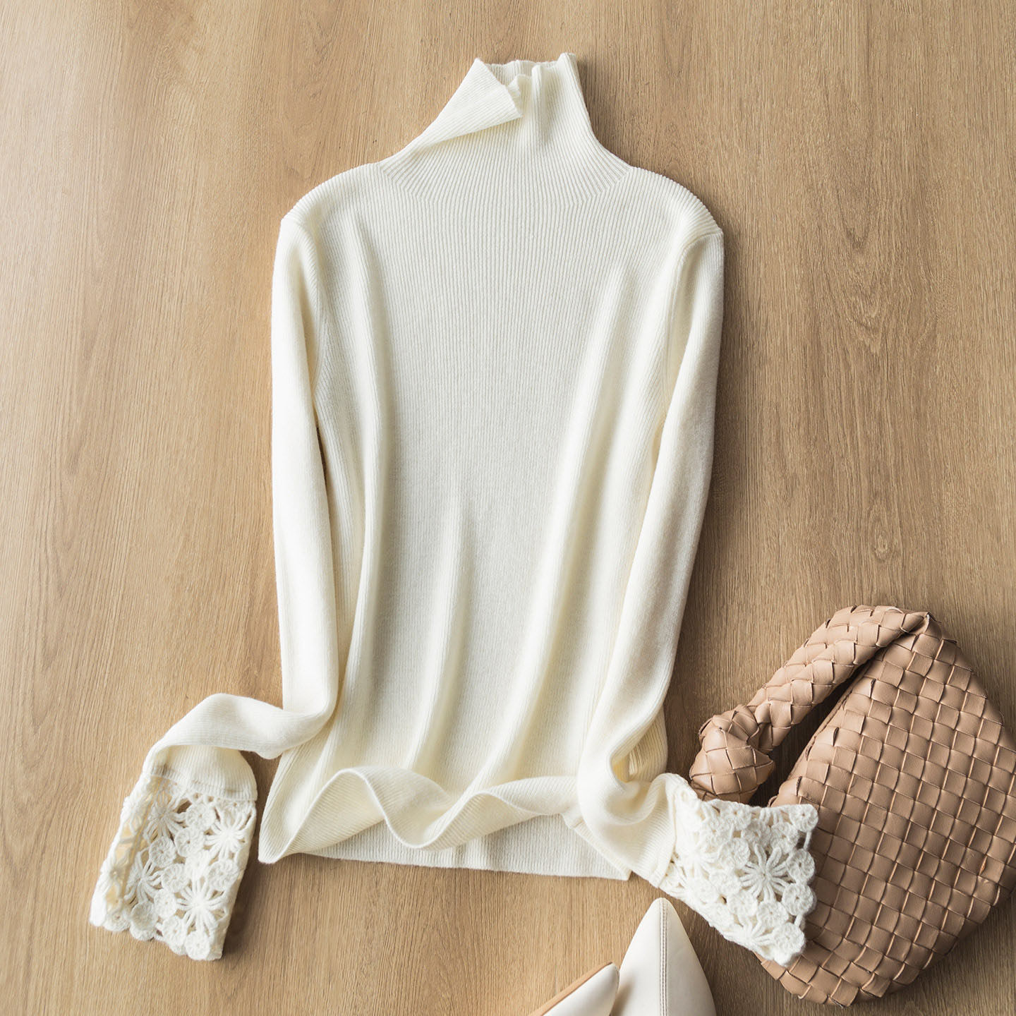 精致高级感 软糯100羊毛气质袖口蕾丝钩花镂空高领打底针织衫毛衣,淘宝优惠券,粉丝福利购,淘宝优惠卷