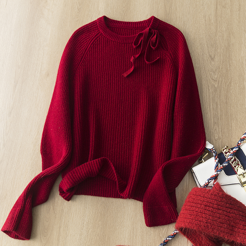 优雅气质全羊毛夹亮丝暗闪露锁骨领口蝴蝶结系带设计感针织衫毛衣 - 图1
