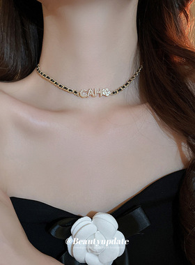 真金电镀甜酷风花朵字母珍珠项链个性气质锁骨链小香风颈链choker