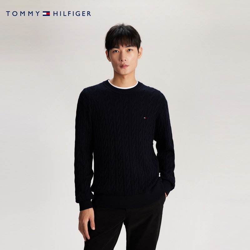 Tommy 男女纯棉简约绣标绞花圆领宽松打底针织衫毛衣MW0MW33132 - 图2