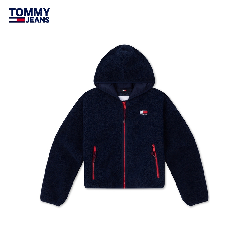 Tommy秋冬女装舒适仿羊羔绒刺绣连帽拉链开衫卫衣外套TWOMP902-图3