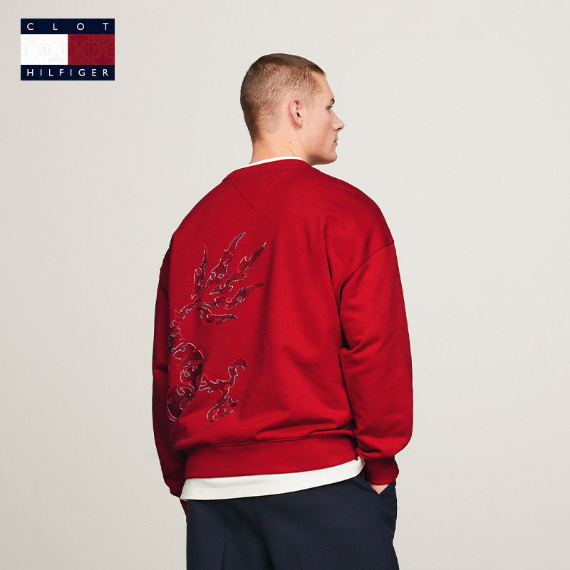 Tommy X Clot 新春特别系列秋冬男女龙纹刺绣宽松圆领红色卫衣 - 图2