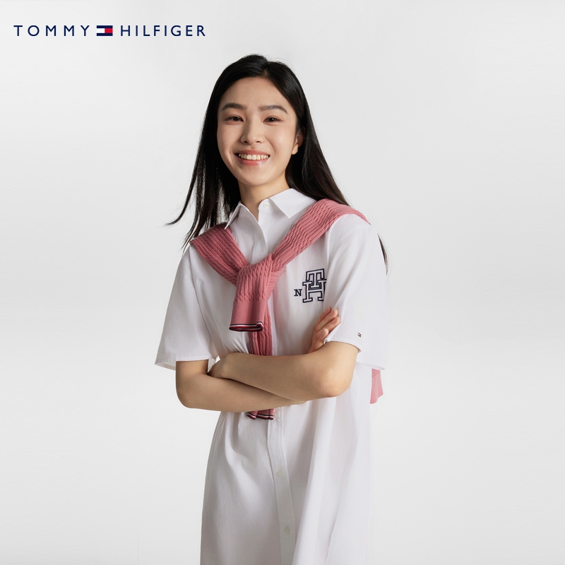 Tommy 女装纯棉刺绣时尚显瘦年轻通勤合身白色衬衫连衣裙39477 - 图2