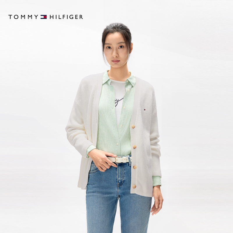 Tommy秋冬女装纯棉休闲简约小绣标纽扣V领合身针织开衫外套 - 图3