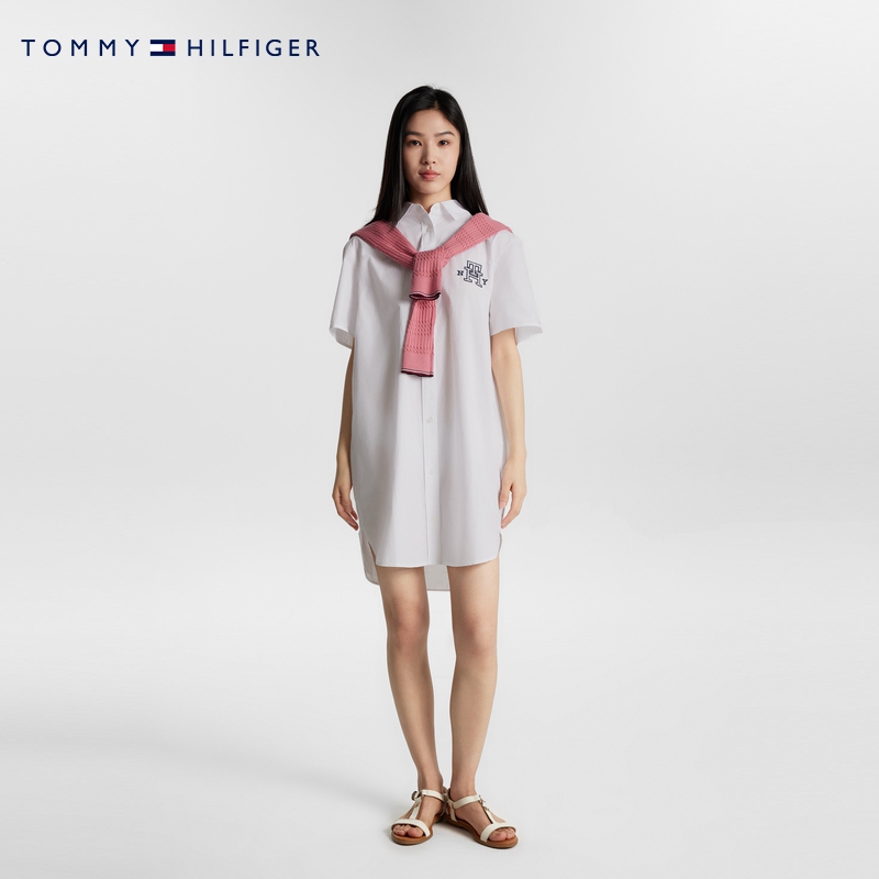 Tommy 女装纯棉刺绣时尚显瘦年轻通勤合身白色衬衫连衣裙39477 - 图0