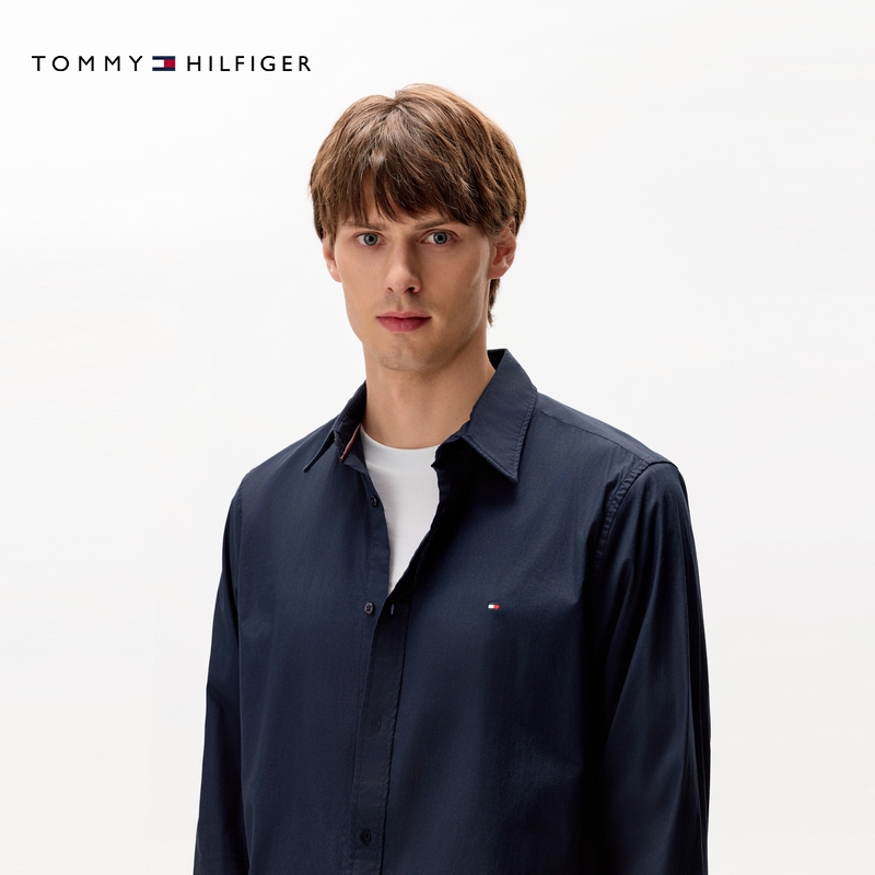 Tommy秋冬男装商务休闲正装简约小绣标纯色修身长袖衬衫外套 - 图1
