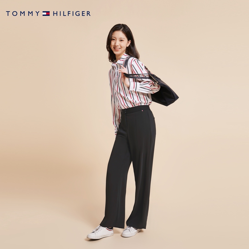 Tommy 女装商务通勤简约一字袋金属小标高腰阔腿休闲裤WW0WW38457 - 图0