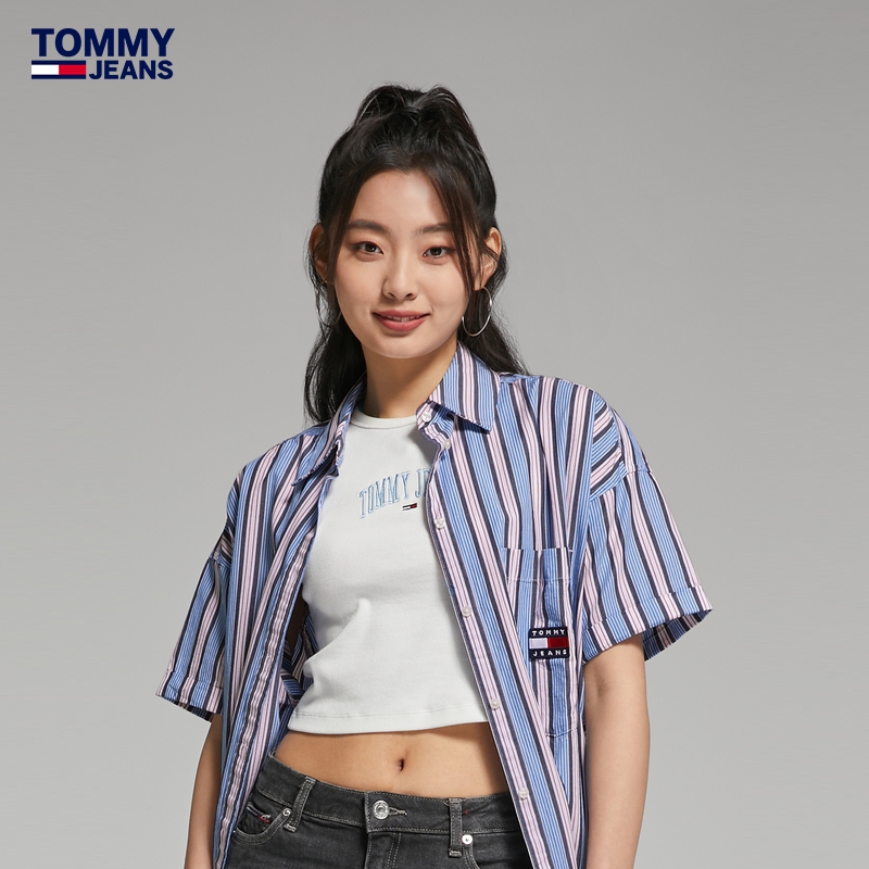 Tommy 女装美式纯棉府绸条纹刺绣宽松衬衫外套连衣裙DW0DW15186