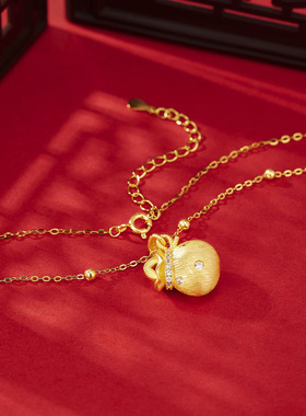 s925纯银镀黄金色首饰镶钻拉丝福袋项链女韦雪同款小红书锁骨链子