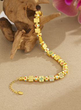 古法珐琅彩十三幺手串s925纯银镀金色新款麻将中发白手链时尚手饰