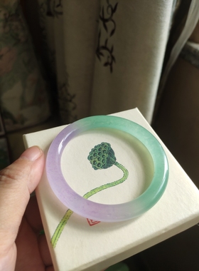 独龙玉手镯细圆条春带彩色高冰种翡翠半山半水绿色紫罗兰色玉镯子