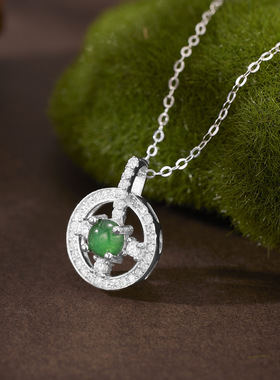 欧美风圆形吊坠项链女s925纯银首饰镶嵌天然祖母绿色碧玉精美高级