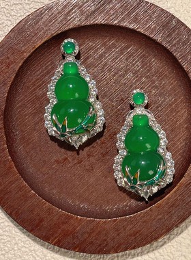 s925纯银新款天然高冰种绿玉髓葫芦竹叶吊坠翡翠帝王绿色福禄挂坠