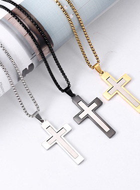 简约十字架吊坠欧美不锈钢光面焊接拼色男士嘻哈百搭钛钢项链