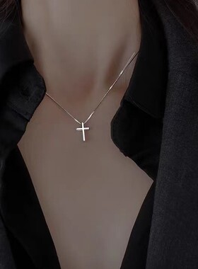 s925纯银光面十字架项链女小巧