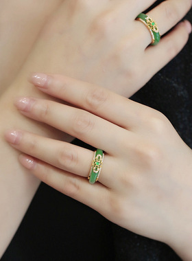 纯银绿玉髓戒指女款开口可调节